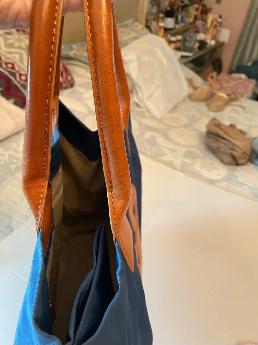 Tory Burch Navy and Cognac Leather Logo Tote